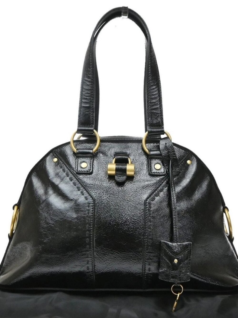 YVES SAINT LAURENT YSL Logo Muse Shoulder Bag Patent Leather Black GHW